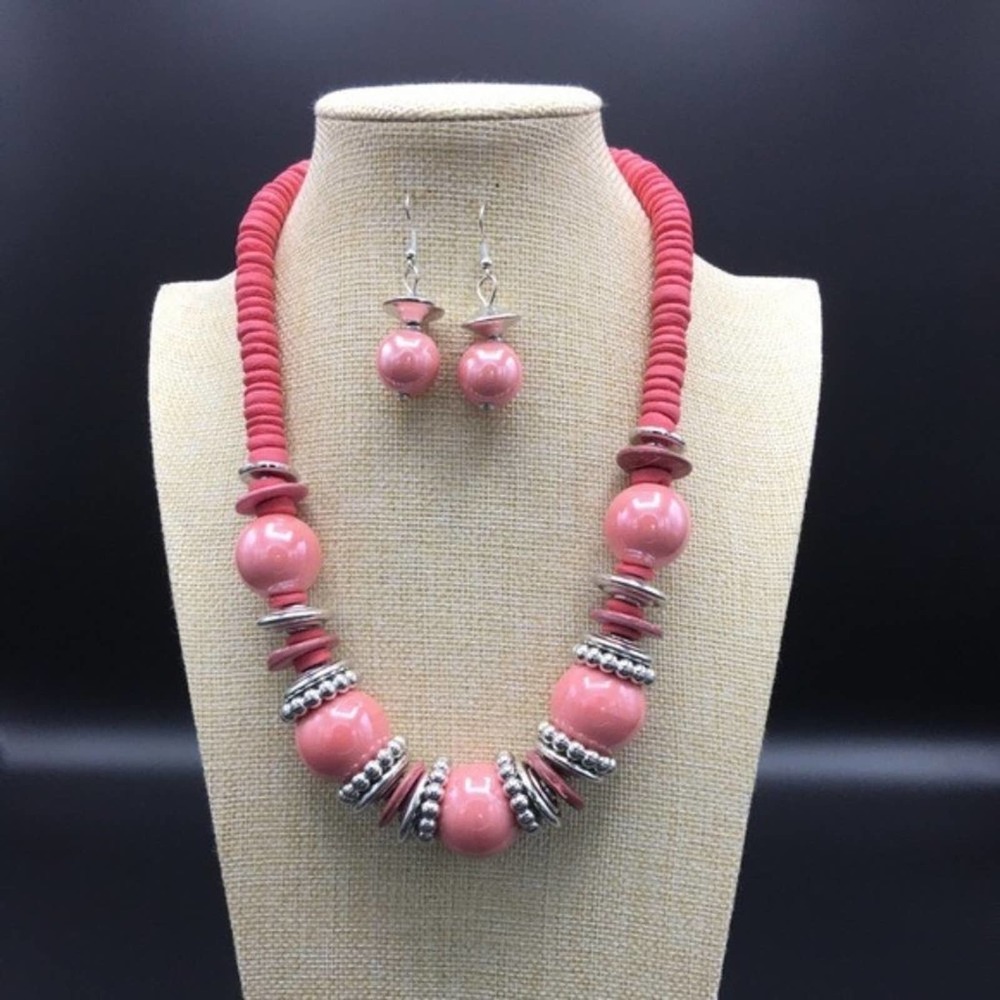 Necklace Bead & Wood Disc Cluster  Pink